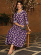 Purple Rayon Calf Length Printed V-Neck Semi-Flared Kurta Bottom Set