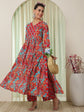 Pink Cotton Calf Length Printed V-Neck Semi-Flared Kurta Palazzo Set