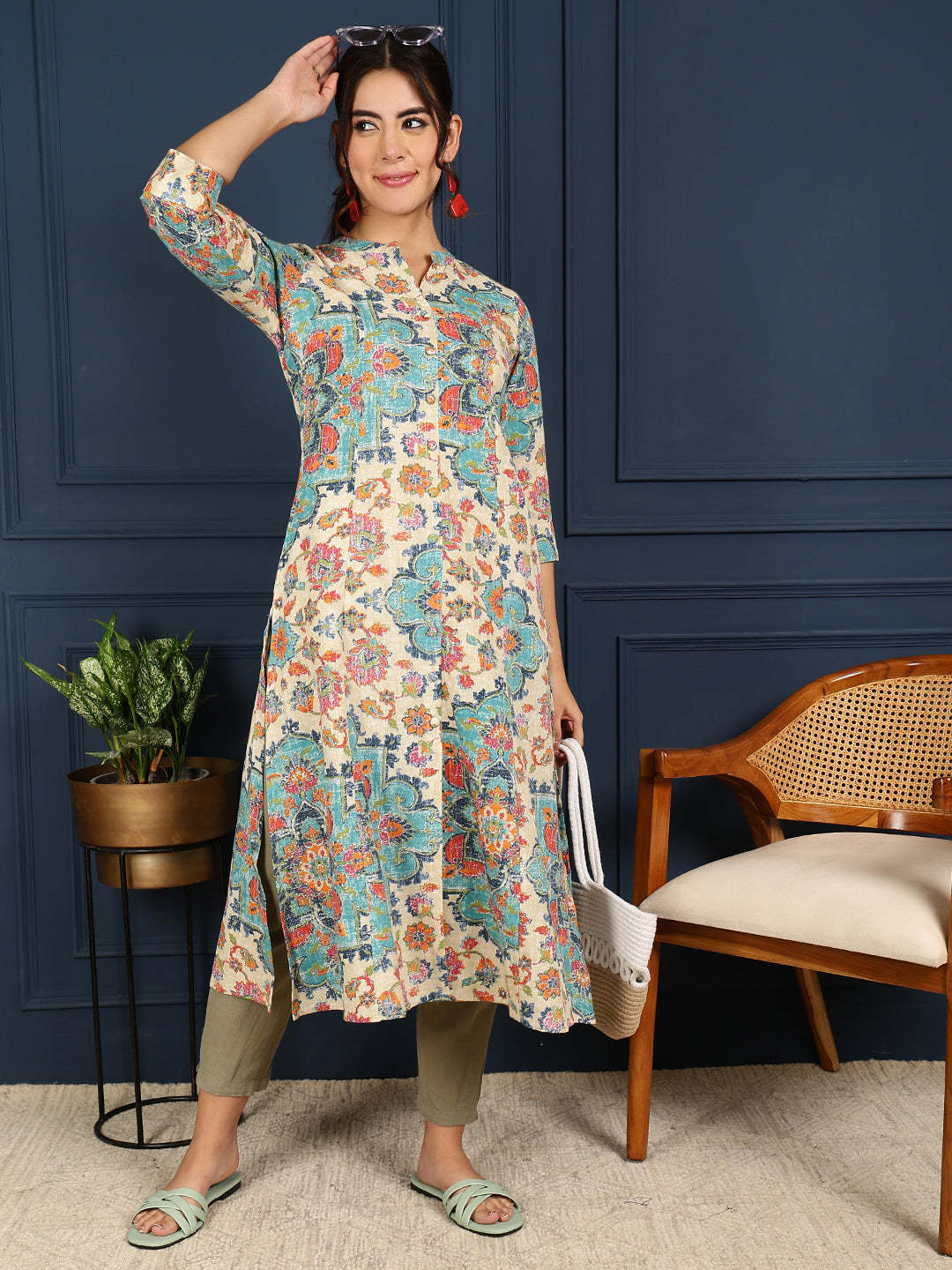 Green Floral Printed Mandarin Collar Zari Cotton A-Line Kurta