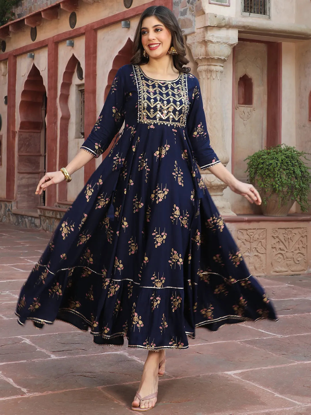 Rayon Slub Embroidered Anarkali Calf Length Kurta