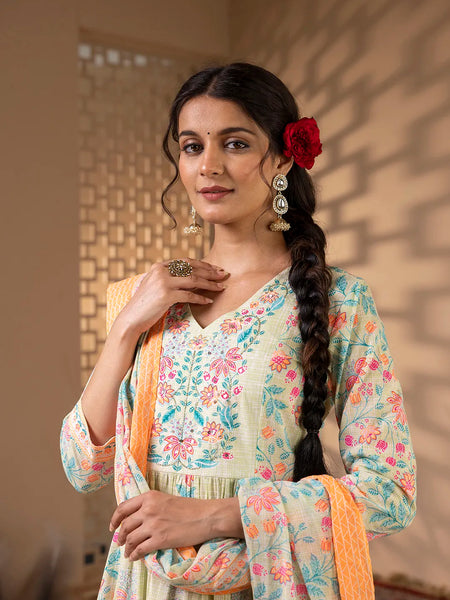 Mint Green Cotton Floral Print Embroidered Kurta Suit Set