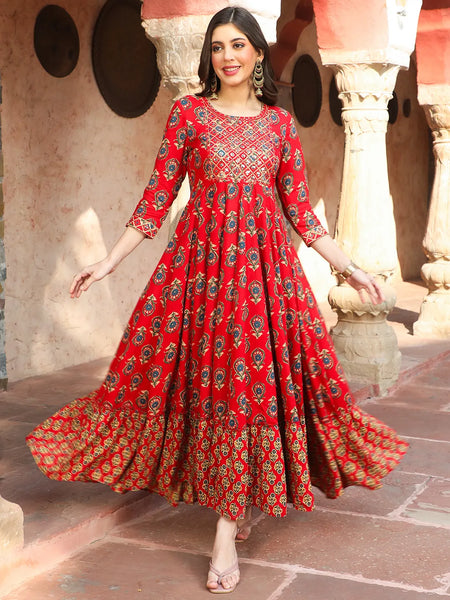 Maroon Block Printed Embroidered Flared Kurta
