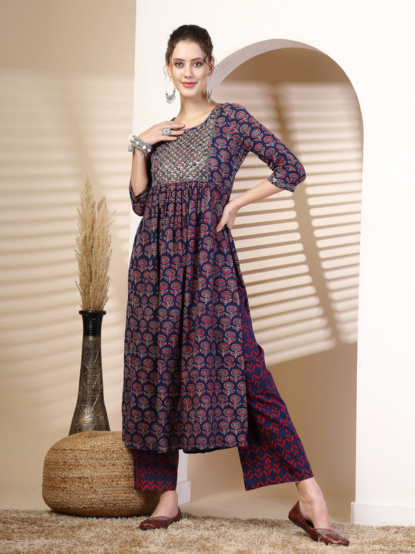 Blue Cotton Calf Length Printed Round Neck Flared Kurta Suit Set