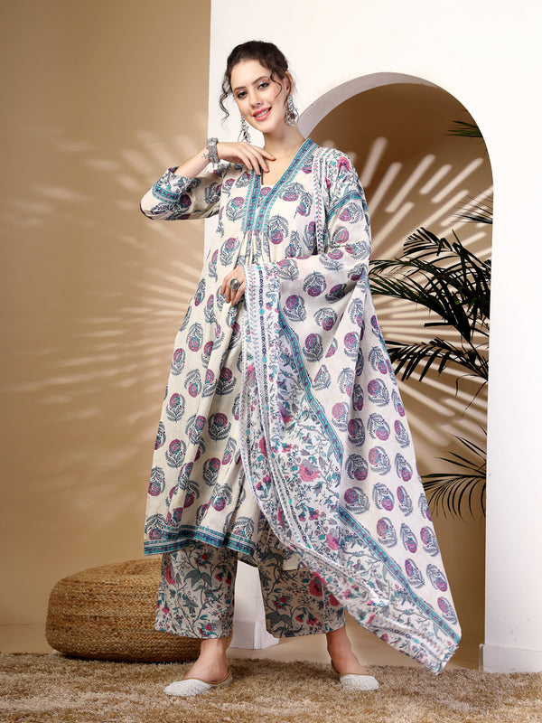 Blue Cotton Calf Length Printed V-Neck Anarkali Kurta Suit Set