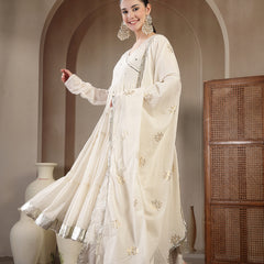 Gulmohar Jaipur Malmal Calf Length Solid Full Sleeves Anrakha Neck Anarkali Kurta Suit Set