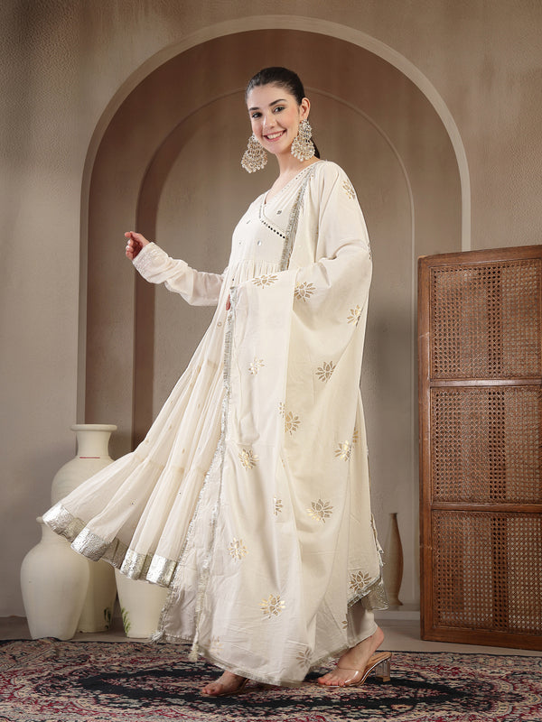 Gulmohar Jaipur Malmal Calf Length Solid Full Sleeves Anrakha Neck Anarkali Kurta Suit Set