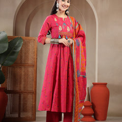 Gulmohar Jaipur Rayon Calf Length Printed 3/4 Sleeves Round Neck A-Line Kurta Suit Set