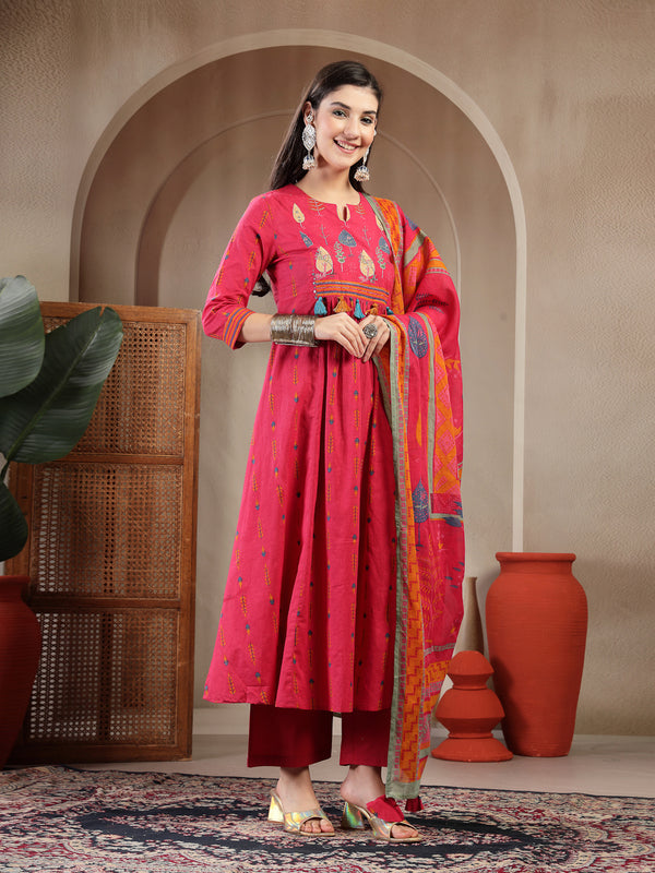 Gulmohar Jaipur Rayon Calf Length Printed 3/4 Sleeves Round Neck A-Line Kurta Suit Set