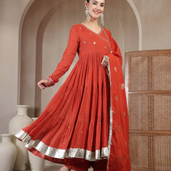 Gulmohar Jaipur Malmal Calf Length Solid Full Sleeves Anrakha Neck Anarkali Kurta Suit Set