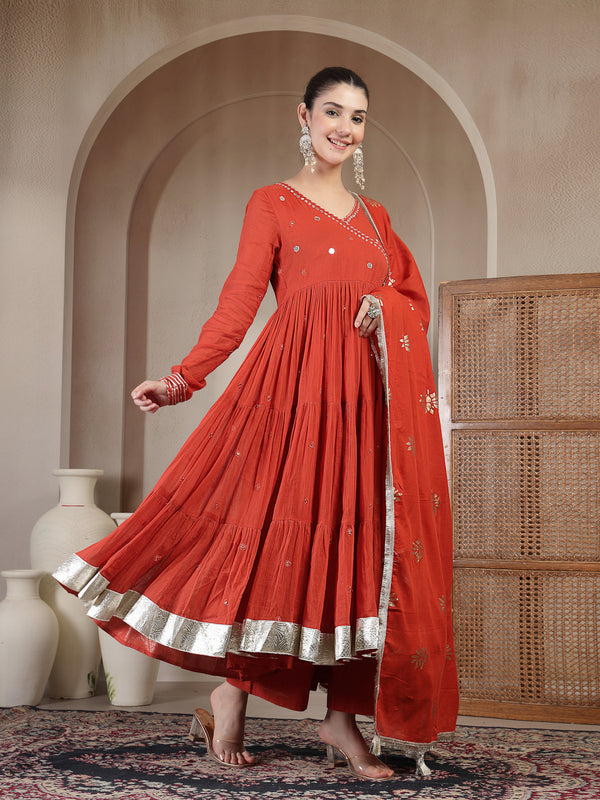 Gulmohar Jaipur Malmal Calf Length Solid Full Sleeves Anrakha Neck Anarkali Kurta Suit Set