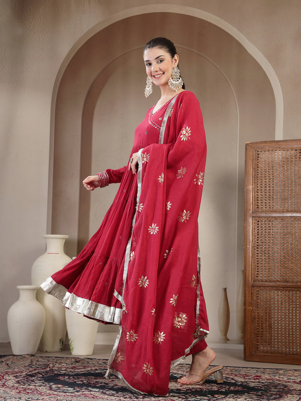 Gulmohar Jaipur Malmal Calf Length Solid Full Sleeves Anrakha Neck Anarkali Kurta Suit Set