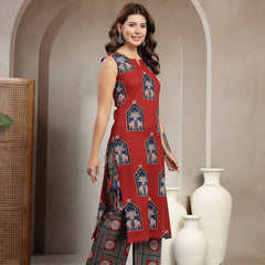 Cotton Calf Length Printed Sleeveless Round Neck Straight Kurta Suit Set
