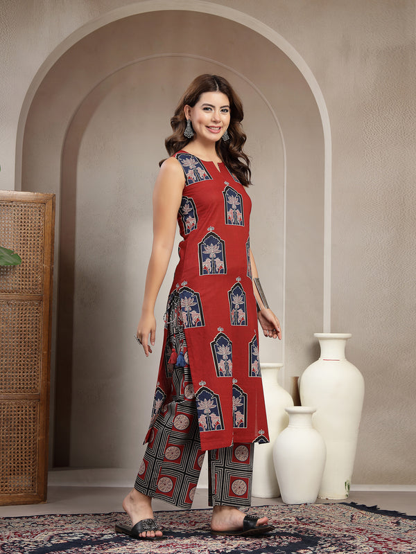 Cotton Calf Length Printed Sleeveless Round Neck Straight Kurta Suit Set