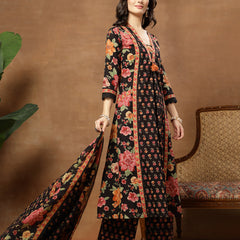 Cotton Calf Length Printed 3/4 Sleeves V-Neck Flared Kurta Suit Set