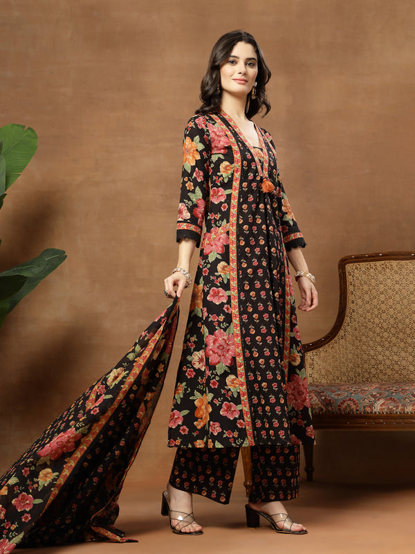 Cotton Calf Length Printed 3/4 Sleeves V-Neck Flared Kurta Suit Set