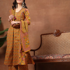 Cotton Calf Length Printed 3/4 Sleeves V-Neck Flared Kurta Suit Set