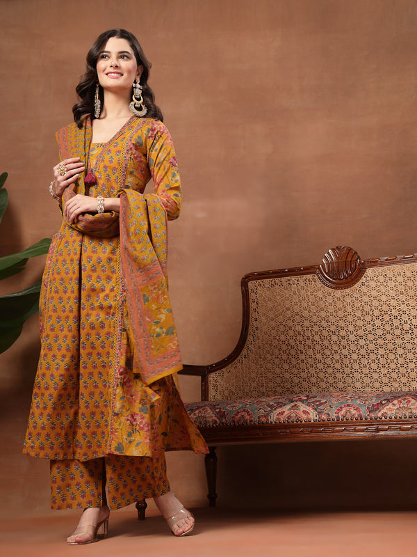 Cotton Calf Length Printed 3/4 Sleeves V-Neck Flared Kurta Suit Set