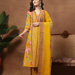 Cotton Calf Length Printed 3/4 Sleeves V-Neck Flared Kurta Suit Set