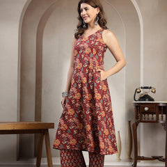 Cotton Calf Length Printed Sleeveless V-Neck Flared Kurta Suit Set