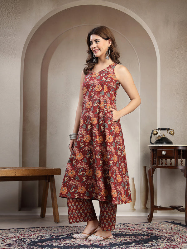 Cotton Calf Length Printed Sleeveless V-Neck Flared Kurta Suit Set
