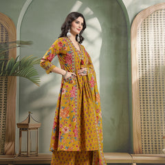 Cotton Calf Length Printed 3/4 Sleeves V-Neck Flared Kurta Suit Set