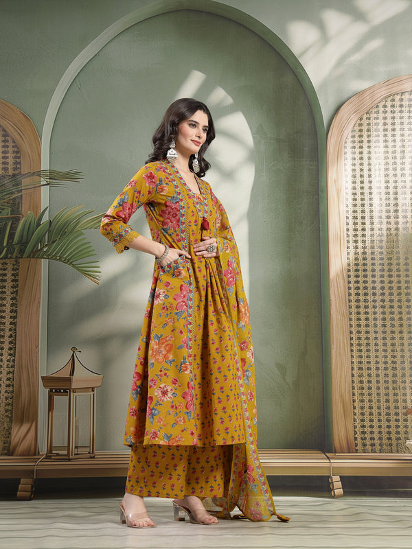 Cotton Calf Length Printed 3/4 Sleeves V-Neck Flared Kurta Suit Set