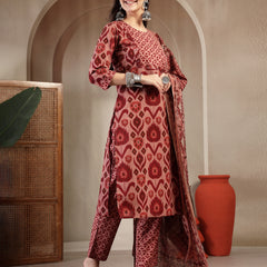 Gulmohar Jaipur Cotton Calf Length Printed 3/4 Sleeves Round Neck Straight Kurta Suit Set