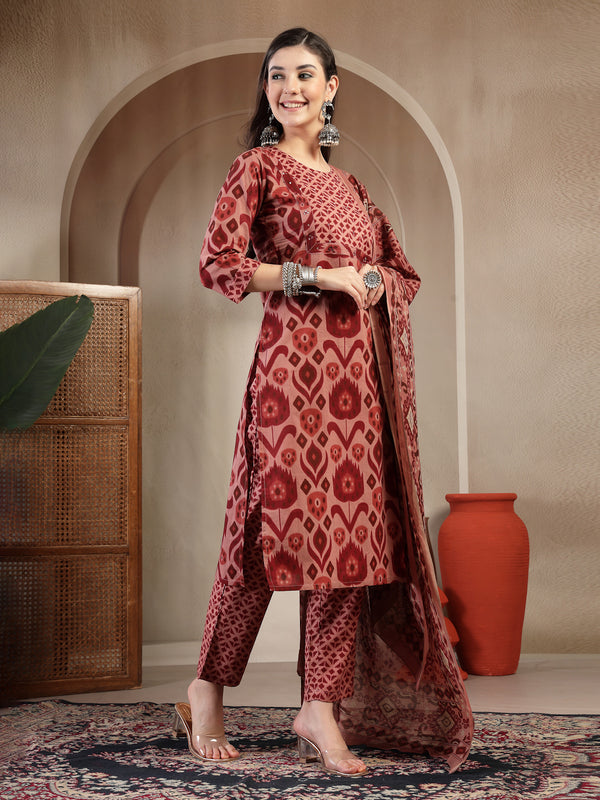 Gulmohar Jaipur Cotton Calf Length Printed 3/4 Sleeves Round Neck Straight Kurta Suit Set