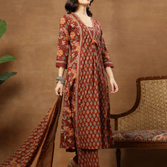 Cotton Calf Length Printed 3/4 Sleeves V-Neck Flared Kurta Suit Set