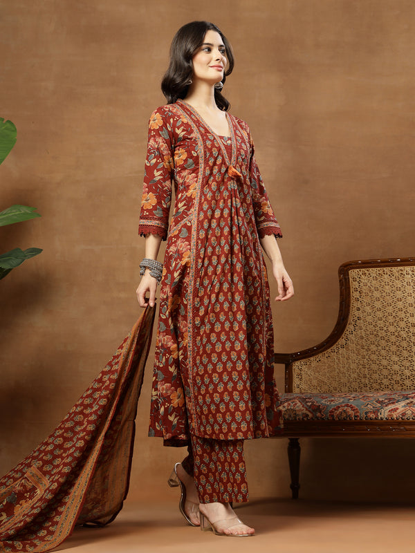 Cotton Calf Length Printed 3/4 Sleeves V-Neck Flared Kurta Suit Set