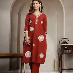 Cotton Calf Length Solid 3/4 Sleeve V-Neck Straight Kurta Suit Set