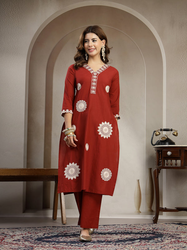 Cotton Calf Length Solid 3/4 Sleeve V-Neck Straight Kurta Suit Set