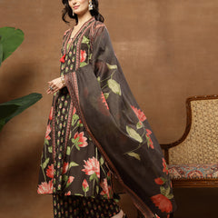 Cotton Calf Length Printed 3/4 Sleeves V-Neck Flared Kurta Suit Set