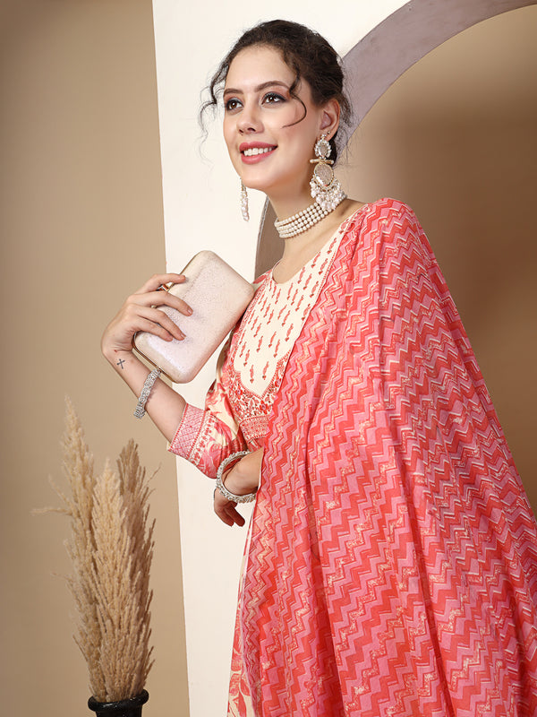 Peach Cotton Calf Length Printed Round Neck Anarkali Kurta Suit Set