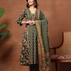 Cotton Calf Length Printed 3/4 Sleeves V-Neck Flared Kurta Suit Set