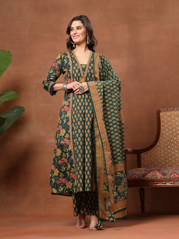 Cotton Calf Length Printed 3/4 Sleeves V-Neck Flared Kurta Suit Set