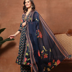 Cotton Calf Length Printed 3/4 Sleeves V-Neck Flared Kurta Suit Set