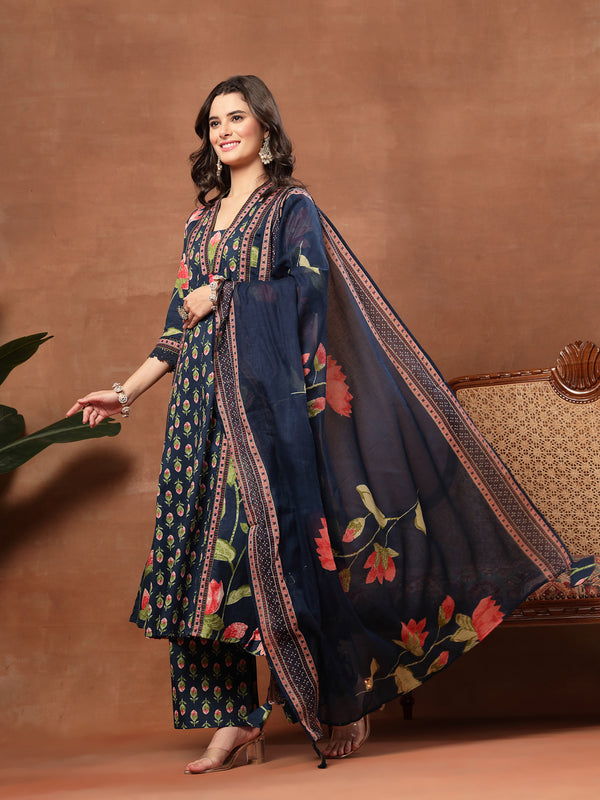 Cotton Calf Length Printed 3/4 Sleeves V-Neck Flared Kurta Suit Set