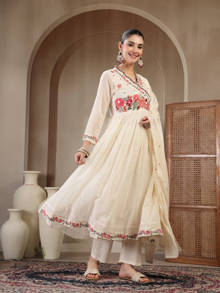 Gulmohar Jaipur Cotton Calf Length Solid Full Sleeves Anrakha Neck Flared Kurta Suit Set