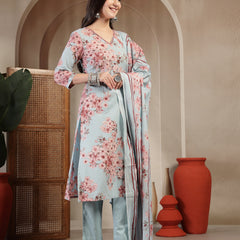 Gulmohar Jaipur Cotton Calf Length Printed 3/4 Sleeves V-Neck Straight Kurta Suit Set