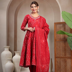 Cotton Calf Length Printed 3/4 Sleeve V-Neck Flared Kurta Suit Set