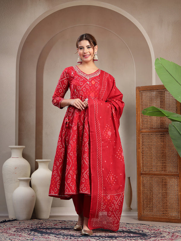 Cotton Calf Length Printed 3/4 Sleeve V-Neck Flared Kurta Suit Set