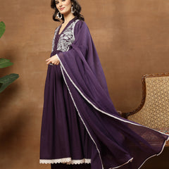 Cotton Calf Length Solid 3/4 Sleeves V-Neck Flared Kurta Suit Set