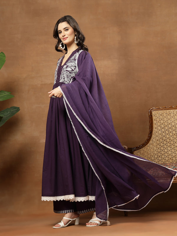 Cotton Calf Length Solid 3/4 Sleeves V-Neck Flared Kurta Suit Set