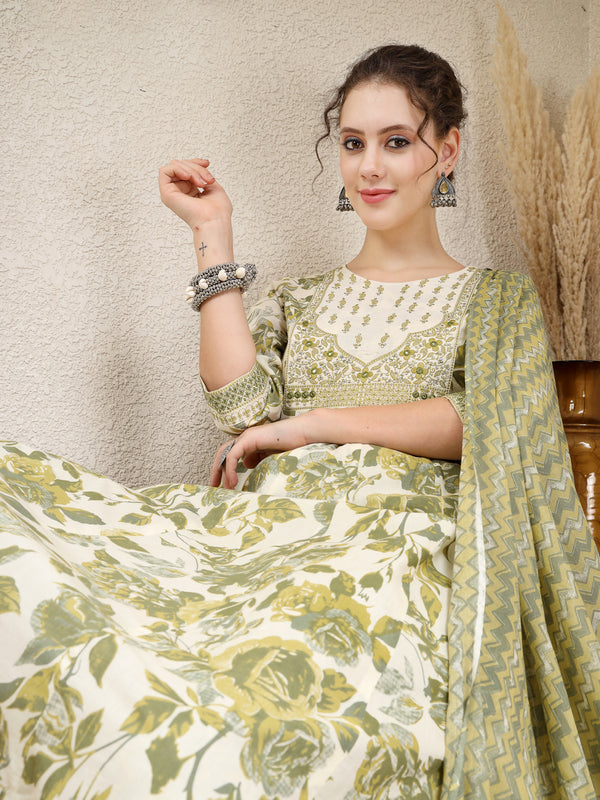 Olive Cotton Calf Length Printed Round Neck Anarkali Kurta Suit Set