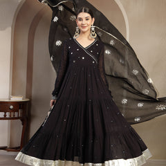 Gulmohar Jaipur Malmal Calf Length Solid Full Sleeves Anrakha Neck Anarkali Kurta Suit Set