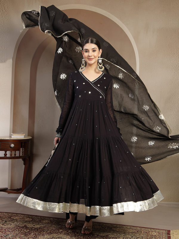 Gulmohar Jaipur Malmal Calf Length Solid Full Sleeves Anrakha Neck Anarkali Kurta Suit Set