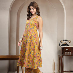 Cotton Calf Length Printed Sleeveless V-Neck Flared Kurta Suit Set