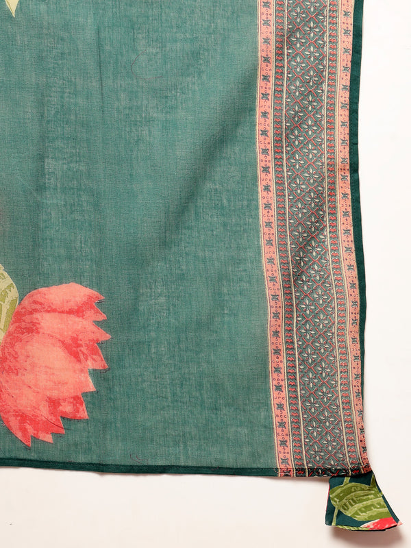 Cotton Calf Length Printed 3/4 Sleeves V-Neck Flared Kurta Suit Set