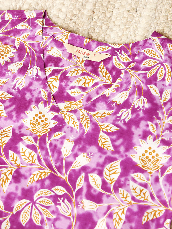 Purple Cotton Calf Length Printed V-Neck Straight Kurta Suit Set